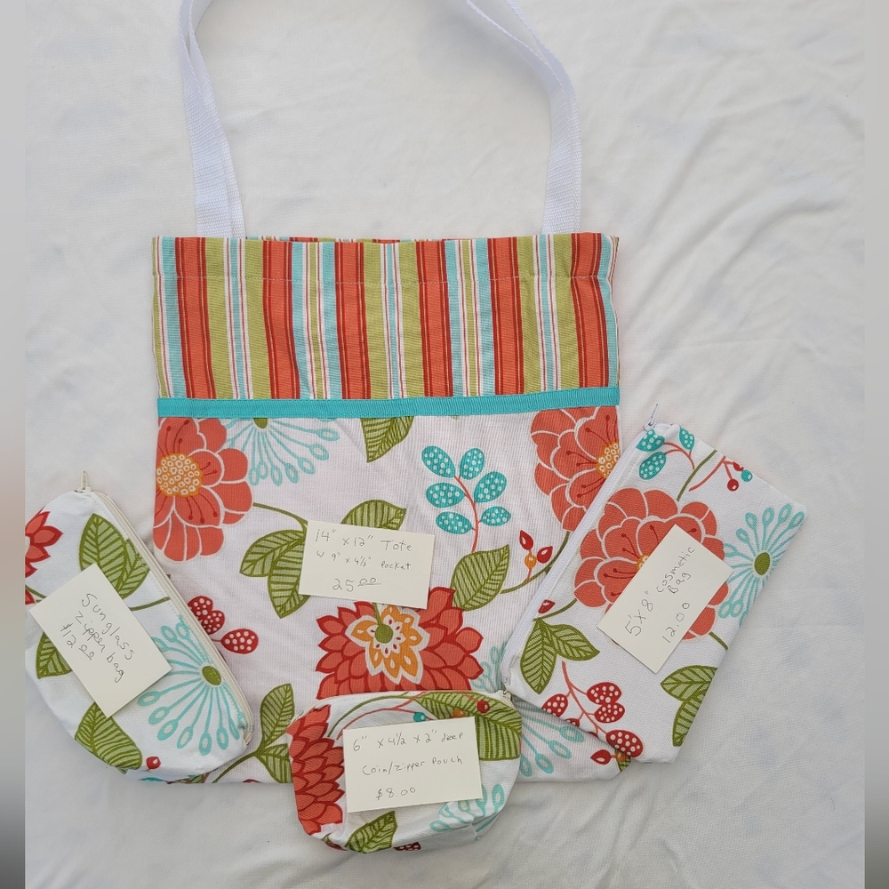 Floral print cotton tote with matching zip bags